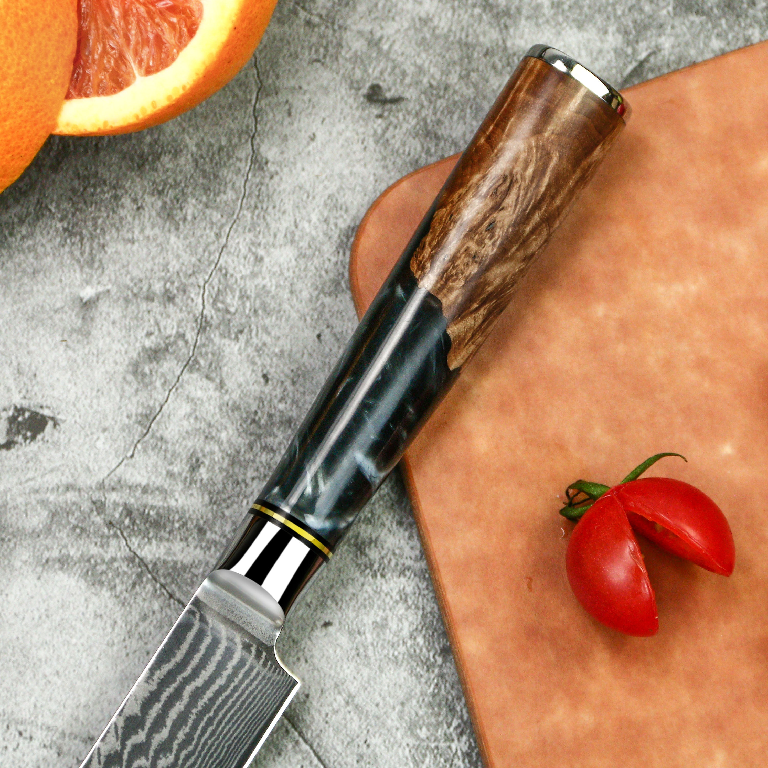Custom Utility Knife with Damascus Steel & Blue Black Resin Handle