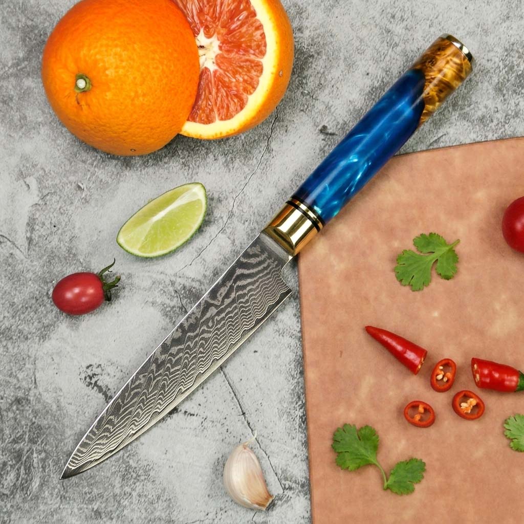 Custom Utility Knife with Damascus Steel & Blue Black Resin Handle
