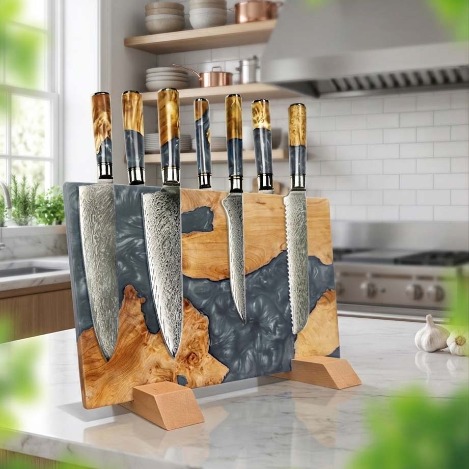 Black Knife Set – 7 Piece Damascus Steel Kitchen Knife Set with Epoxy Resin Black Handles