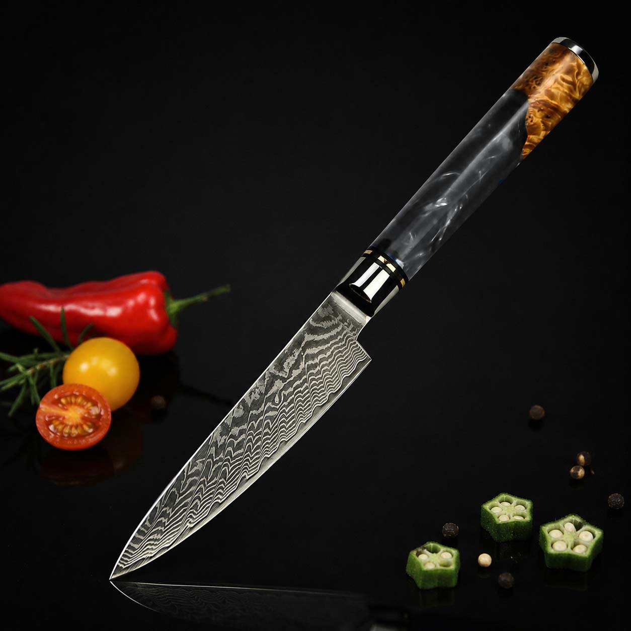 Custom Utility Knife with Damascus Steel & Blue Black Resin Handle