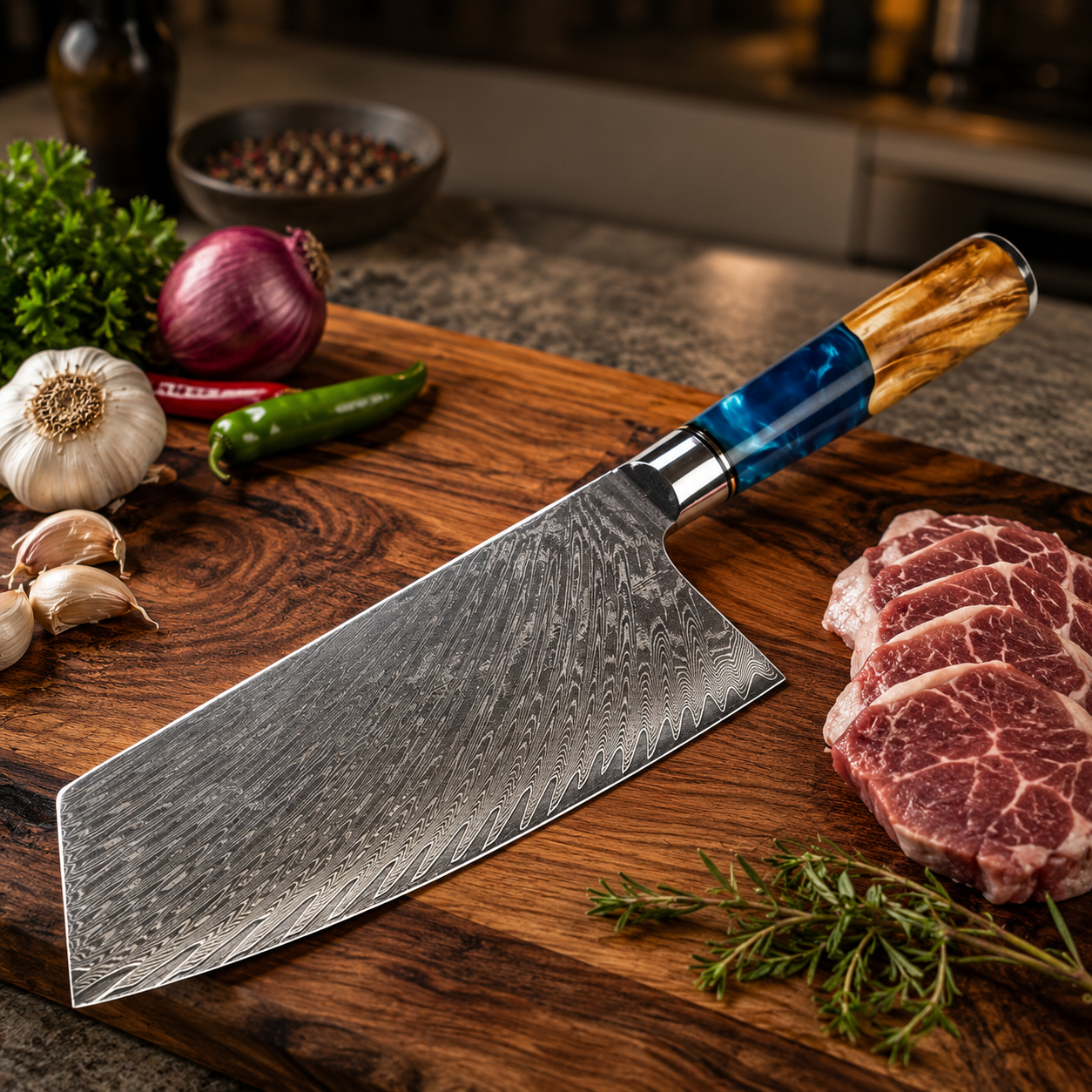Blue cleaver knife on cutting board