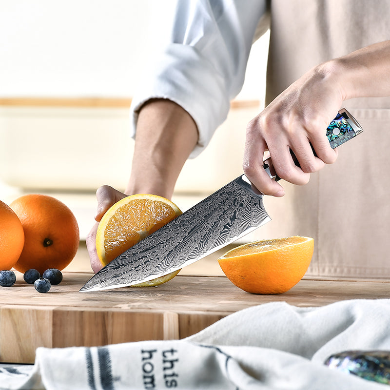 Fyn 8" Damascus Steel Chef Knife with Abalone Shell Handle