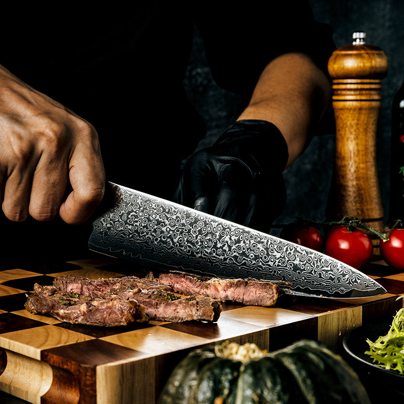 Fyn 8" Chef Knife – Carbon Damascus Steel with White Resin & Solidified Wood Handle