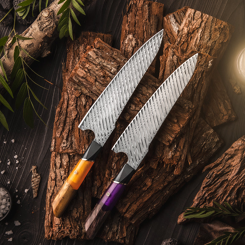 Fyn 8.2" Chef Knife – Acid-Finished Damascus Blade with G10 & Stabilized Wood Handle