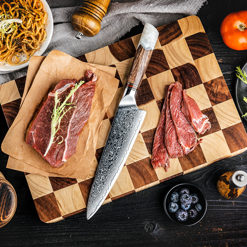 Fyn 8" Chef Knife – Carbon Damascus Steel with White Resin & Solidified Wood Handle