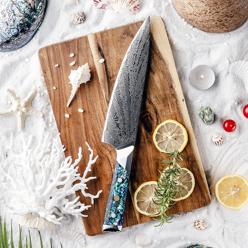 Fyn 8" Damascus Steel Chef Knife with Abalone Shell Handle