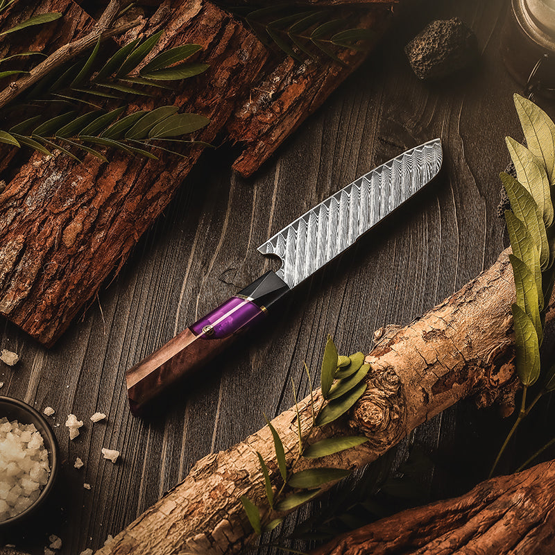 Fyn 5" Santoku Knife – Compact Damascus Blade with G10 & Stabilized Wood Handle