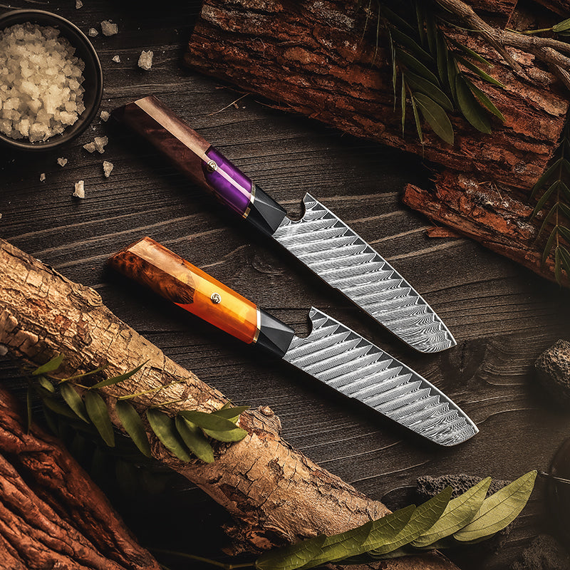 Fyn 5" Santoku Knife – Compact Damascus Blade with G10 & Stabilized Wood Handle