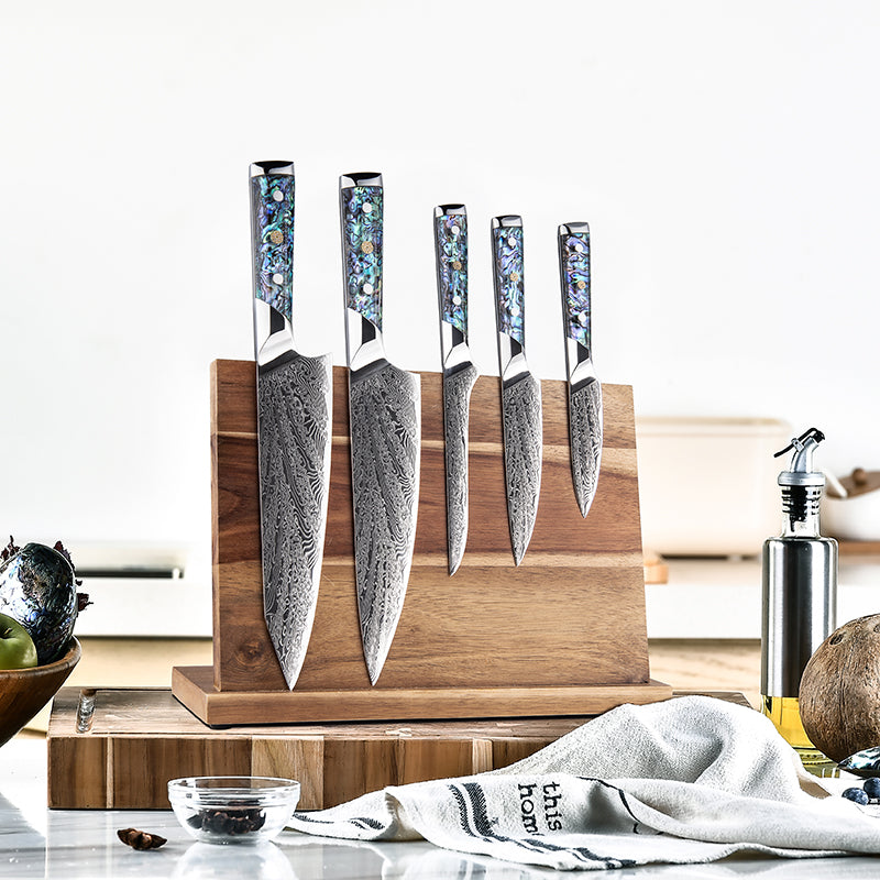 Fyn 5-Piece Damascus Knife Set – Abalone Shell Handle & Ultra-Sharp 67-Layer Blades