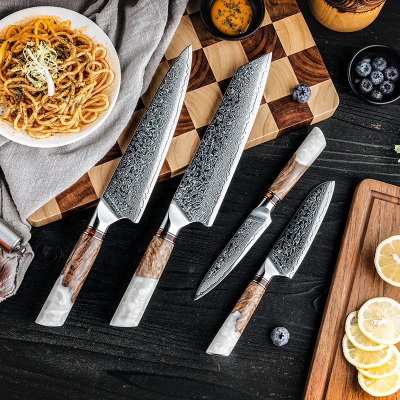 4-Piece Damascus Kitchen Knife Set – White Resin & Solidified Wood Handle
