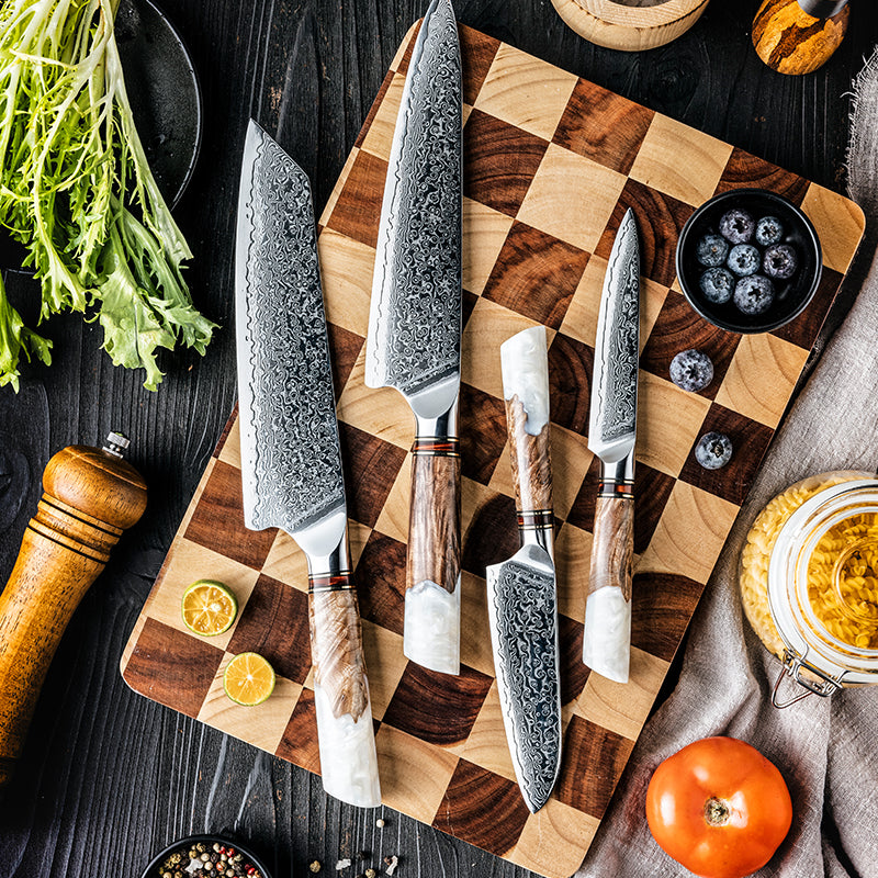 4-Piece Damascus Kitchen Knife Set – White Resin & Solidified Wood Handle