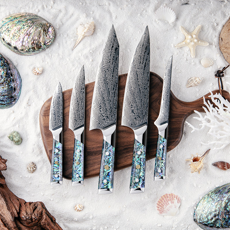 Fyn 5-Piece Damascus Knife Set – Abalone Shell Handle & Ultra-Sharp 67-Layer Blades