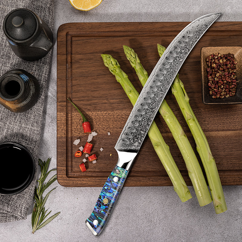 Fyn 10.2" Damascus Butcher Knife with Abalone Shell Handle – Heavy-Duty Power with Artisan Craftsmanship