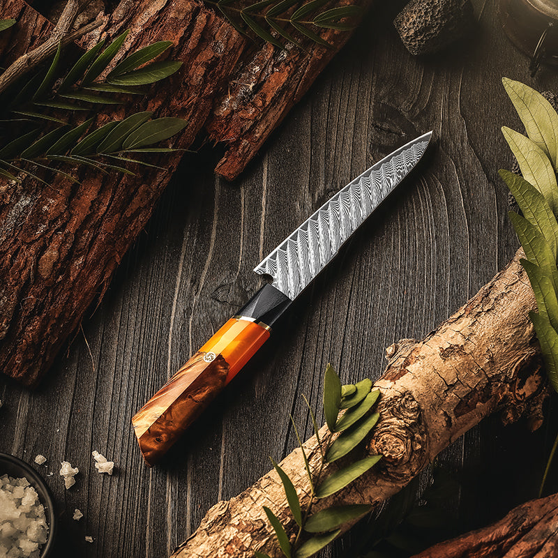 Fyn 5" Petty Knife – Precision Damascus Blade with G10 & Stabilized Wood Handle