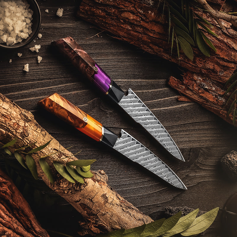 Fyn 5" Petty Knife – Precision Damascus Blade with G10 & Stabilized Wood Handle