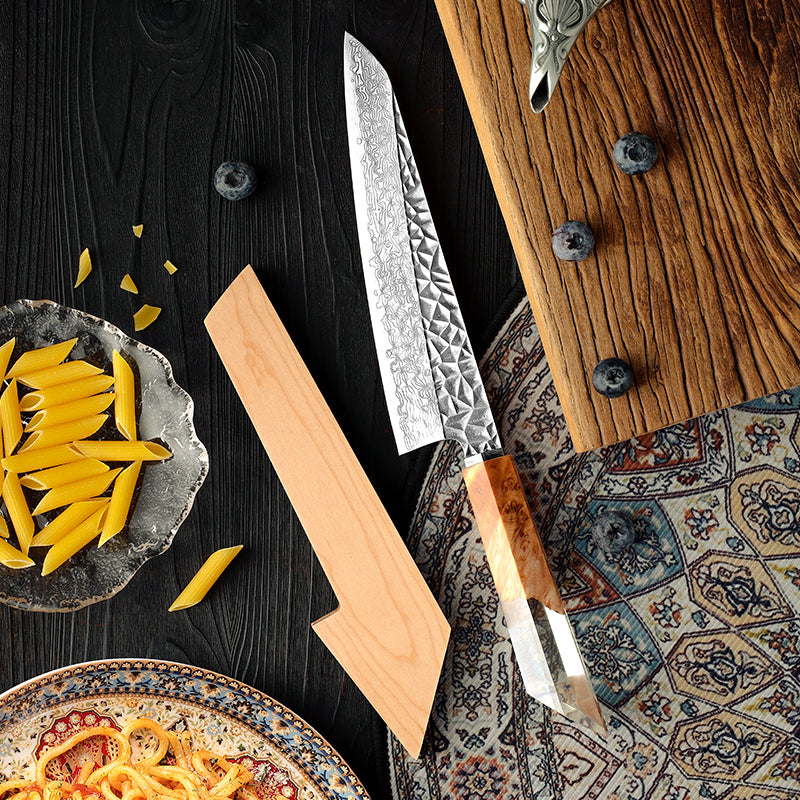 Fyn 8" Damascus Steel Chef Knife with Stabilized Wood and Resin Handle